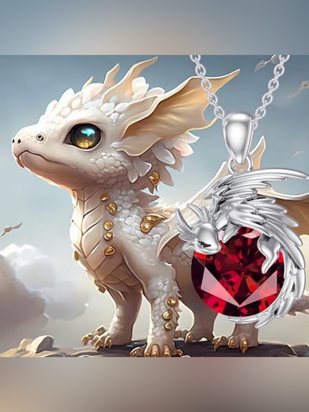 Cute Dragon Pendant Necklace with Red Gem
